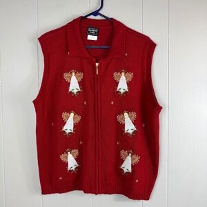 Southern Lady Christmas Vest XL Red Knit Angel Holiday Sleeveless Zip‎ Up